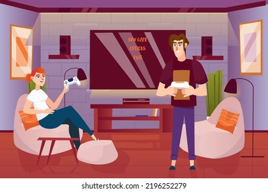 Game room concept with people scene in the background cartoon style. Boy and girl play console games in a specially equipped room. Vector illustration.