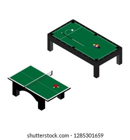 Game room concept.  Ping pong and pool billiard table isolated on white. Isometric
