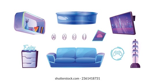 Game room furniture and electronic equipment for esport and stream. Cartoon vector illustration sofa and cabinet, glass table and stand with gamepad, shelf and tv, glowing neon signs and elements.