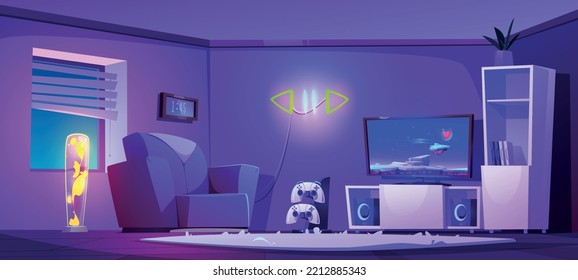 Game room interior, cartoon vector illustration. Lounge place for night computer gaming entertainment with large TV screen, joystick gamepads, comfortable armchair, neon pause and play signs on wall