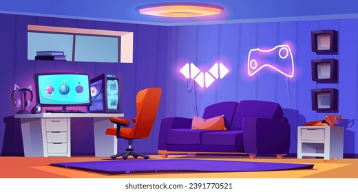 Game room interior for playing and streaming. Gamer setup with computer, monitor and headphones on table, neon posters and elements on wall, sofa and furniture. Cartoon vector illustration of e-sport.