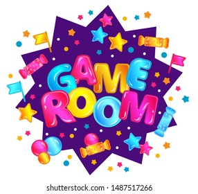 Game room label sticker for childhood play area in entertainment center or activity park, colorful confetti explosion banner with candy and flags in purple star, isolated vector illustration