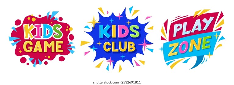 Game room labels. Cartoon children entertainment playroom badges, colorful playroom elements flat vector illustration set. Kids game zone party stickers