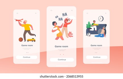 Game Room Mobile App Page Onboard Screen Template. Naughty Hyperactive Children Fight, Little Girls and Boys Playing, Making Mess, Kids Characters Fooling Concept. Cartoon People Vector Illustration