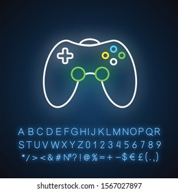 Game room neon light icon. Gamepad. Video game controller. Community recreation area. Esports competition. Joystick. Glowing sign with alphabet, numbers and symbols. Vector isolated illustration