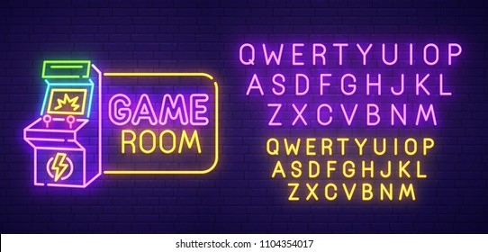 Game room neon sign, bright signboard, light banner. Gamer emblem. Neon sign creator. Neon text edit