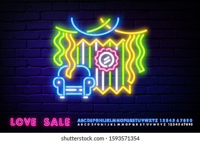 Game room neon signs style. Neon party. Room decorated for the holiday neon garlands. Clock and chair in neon style