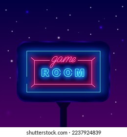 Game room neon street billboard. Rectangular frame. Virtual reality playing. Game design. Luminous outdoor label. Shiny banner. Vector stock illustration