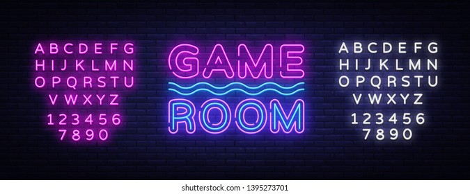 Game Room Neon Text Vector. Gaming neon sign, design template, modern trend design, night signboard, night bright advertising, light banner, light art. Vector illustration. Editing text neon sign