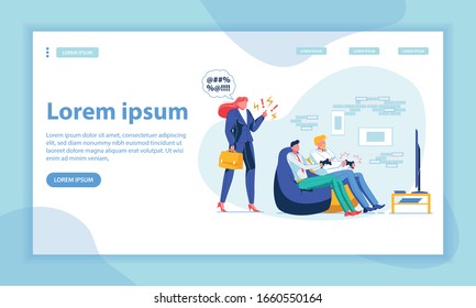 Game Room in Office Landing Page Vector Template. Managers with Joysticks and Executive Making Reprimand Faceless Characters. Relaxation, Rest Corner, Office Lounge Zone Homepage Layout