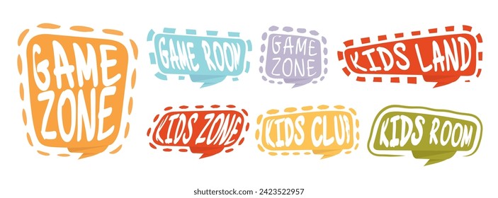 Game room party labels, children education and entertainment club elements. Baby playing zone vector illustration set. Kids entertainment badges. Playroom area, child and kids zone for game