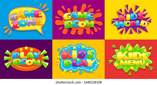 Game room posters. Fun kids playroom, games playing zone for young kid and kids menu. Hobby play room, game advertisement zone or toy party playground vector illustration background set