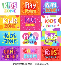 Game room vector kids playroom banner in cartoon style for children play zone decoration illustration set of childish lettering label for kindergarten decor background