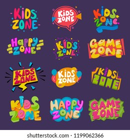 Game room vector kids playroom banner in cartoon style for children happy play zone decoration illustration set of childish lettering label for kindergarten decor isolated on background
