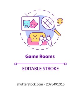 Game rooms concept icon. Board and virtual games area. Workplace playroom abstract idea thin line illustration. Isolated outline drawing. Editable stroke. Roboto-Medium, Myriad Pro-Bold fonts used