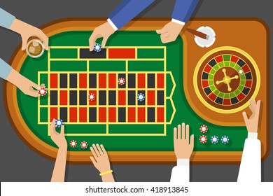 Game of roulette top view with female and male hands cigar chips on playing field vector illustration 
