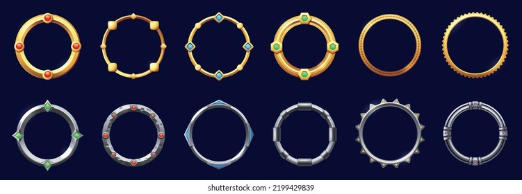 Game round interface frames. Cartoon UI circle game asset items, empty golden medieval silver textured borders for GUI design. Vector sprite graphic set. Different jagged framing with gemstones