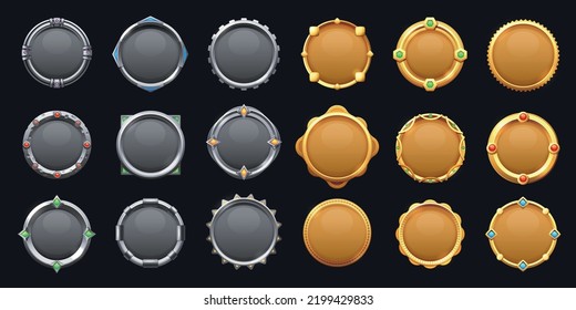 Game round metal button. Cartoon steel game asset frame UI icons, empty metallic circle medal rating badges mobile web app user interface. Vector sprite graphic set. Gold and silver medieval awards