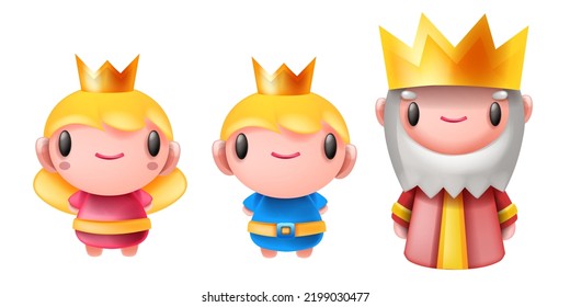 Game RPG cartoon character vector set, woman princess, boy prince, fantasy old medieval king, crown. UI fairy tale kids hero, cute kawaii mascot happy royal family. RPG character funny face collection