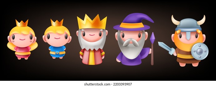 Game RPG cartoon character vector set, princess, prince, viking, fantasy old medieval king, crown. UI fairy tale kids hero cute kawaii mascot, Scandinavian warrior. RPG character funny face collection