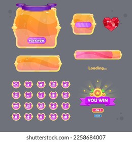 Game RPG UI Set Of Different  Buttons  Bars And Popup Windows , icons , You Win Badge In Orange Golden Vintage Borders Fairy Abstract  Color Juicy Colorful Vector Design