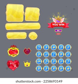 Jeu RPG Interface Utilisateur Ensemble De Bars Et Fenêtres De Menu Déroulant Différents Boutons, Vous Gagnez Des Icônes De Coeurs De Jeu Dans Fromage Jaune Fromage Golden Vintage Bordure Abstraite Couleur Juglée Création Vectorielle Colorée