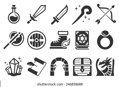 Game RPG Vector Illustration Icon Set. Included The Icons As Magic Wand, Sword, Archer, Dragon, Dungeon, Shield And More.