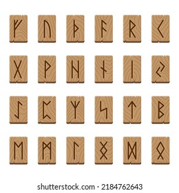 Game runes, wooden sacred stones with ethnic nordic symbols. Divination signs, runic viking letters. Celtic abc, norwegian magic tablets tidy vector set