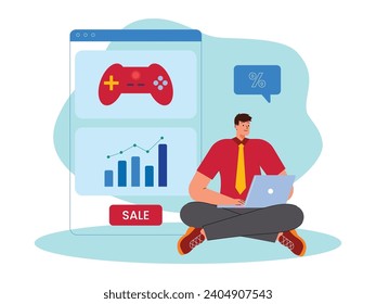 Game sales increase by several percent, investment through applications, vector illustration.
