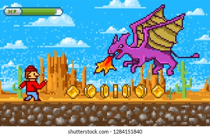 Game scene. Pixel art 8 bit objects. Platformer video interface. Retro location. Clouds, mountains, dragon and character. Vintage computer video arcades. Vector illustration. Background for web site.