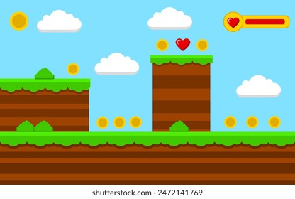 game scene template design with natural themes as well as coins and hearts.