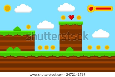 game scene template design with natural themes as well as coins and hearts.