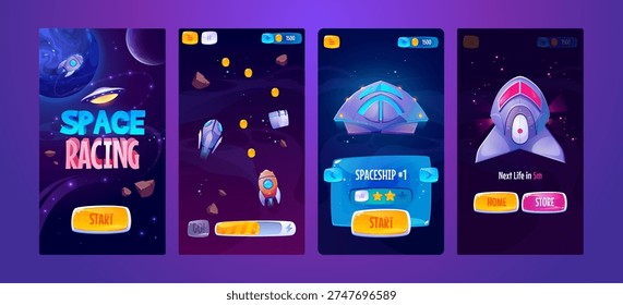 Game screen set for mobile space adventure with planets, spaceships and cosmic elements. Cartoon vector UI galaxy backgrounds with alien worlds, buttons and arcade style gaming interface assets.