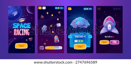 Game screen set for mobile space adventure with planets, spaceships and cosmic elements. Cartoon vector UI galaxy backgrounds with alien worlds, buttons and arcade style gaming interface assets.