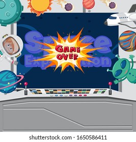 Game screen template for space game with aliens and astronaut in control room illustration