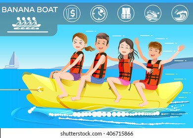 Game in sea. Activity Summer holidays of tourism on the beach. People and a banana boat. Illustrated books and websites about funny travel. 
