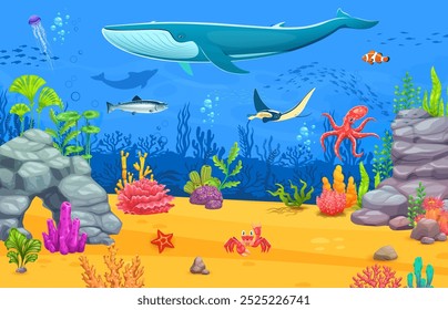 Paisaje submarino de mar de caza con ballena gigante y mantarraya, pulpo, medusas y varios peces nadando entre arrecifes de coral vibrantes, rocas y plantas marinas en el fondo del océano. Escena marina del Vector de la historieta