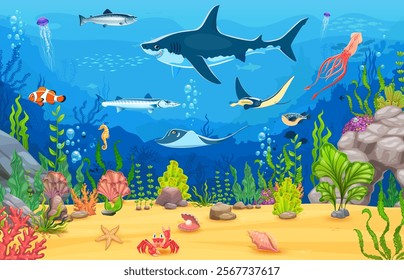 Game sea underwater landscape with shark, seaweed and ocean animals. Sea wildlife creatures vector backdrop, aquatic nature animals game background with manta ray, squid, barracuda and puffer fish