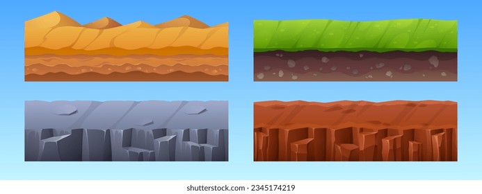 Game seamless ground and underground layer with sand hills, soil ground of grass field, stone and clay surface. Various natural textures of land cross sections - cartoon vector illustration set.