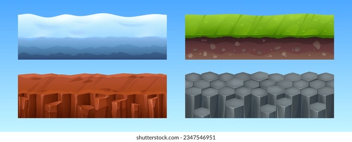 Game seamless ground and underground layer with water or ice, soil ground of grass field, stone and clay surface. Subterranean textures of land cross sections. Cartoon vector illustration set.