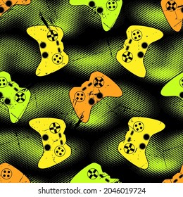 Game seamless grunge pattern with orange, green and yellow joysticks.