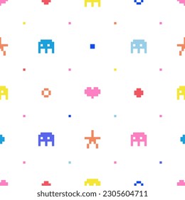 Game Seamless Pattern with Pixel Art Monsters and Abstract Elements.