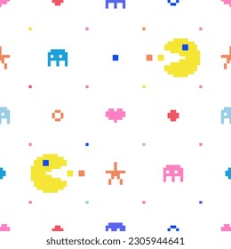 Game Seamless Pattern with Pixel Art Monsters, Abstract Elements and Hearts.