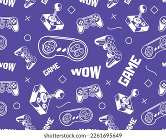 Game seamless pattern. Repeating design element for printing on wrapping paper. Gamepad and joystick, text. Entertainment and video game console, virtual reality. Cartoon flat vector illustration