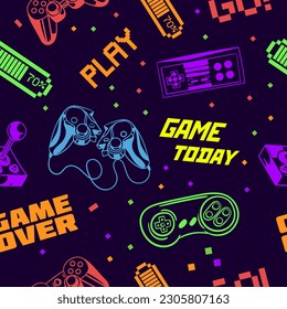 Game seamless pattern. Repeating design element for printing on fabric. Neon joystick, gamepad and controller. Arcade and video game, entertainment. Cartoon flat vector illustration