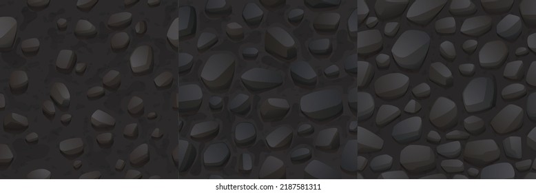 Game seamless patterns with stone and rock texture. Cartoon backgrounds with pebbles, boulders and cobble rocky road, pavement material textured surface, graphic templates for landscaping, Vector set