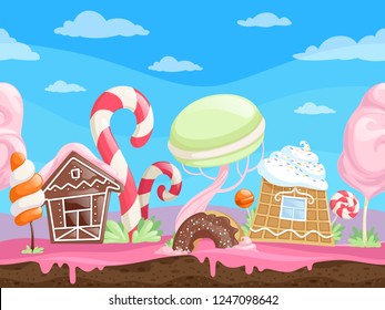 Game seamless sweet landscape. Fantasy delicious background desserts candy sugar caramel chocolate biscuits lollipop vector cartoon