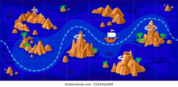 Game See Level Map. Game map for passing the route. Sea, ship, islands, sea monsters, imitation of medieval sea maps. Top view. Seamless map. Route for passing between islands 