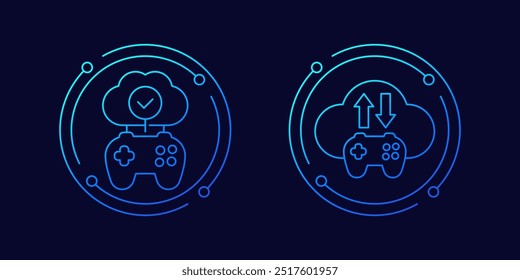 ícones do servidor do jogo com gamepad, jogos em nuvem, design linear