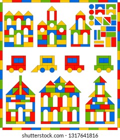 Game set of building blocks of different shapes and colors for children. Educational game to study the shape, color, development of imagination, thinking and fine motor skills. Vector illustration.